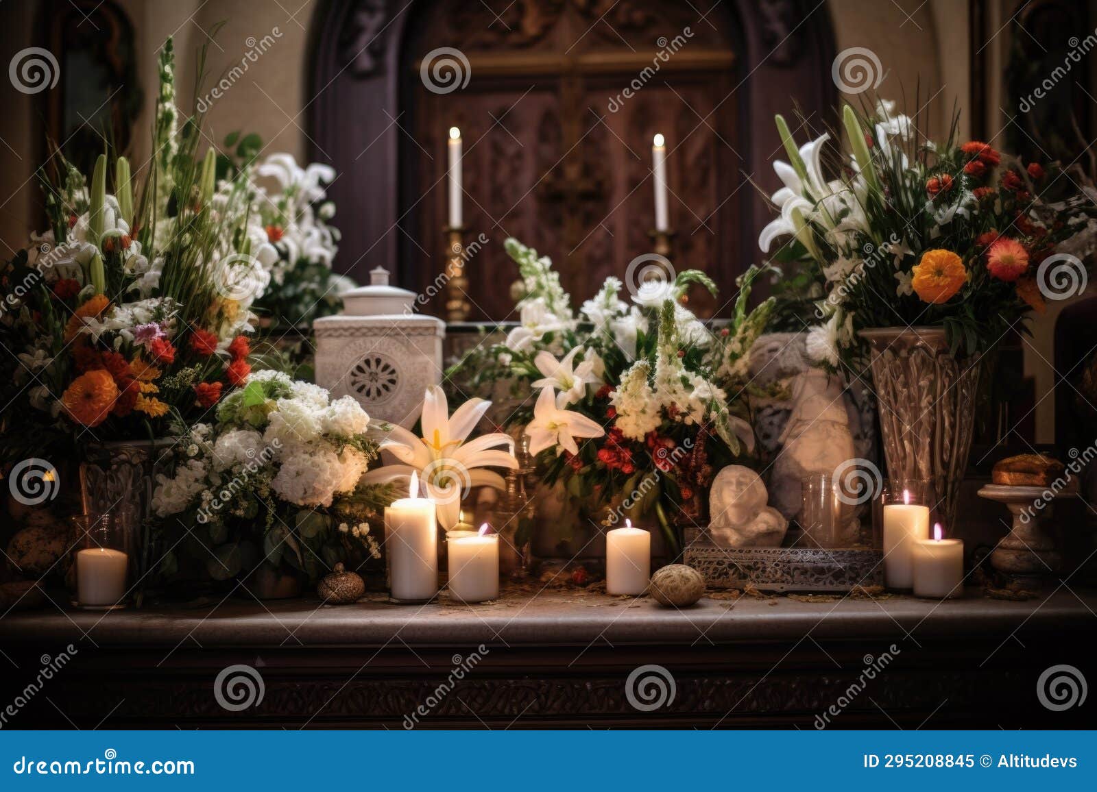 A Beautifully Decorated Altar with Flowers and Lit Candles Stock Image