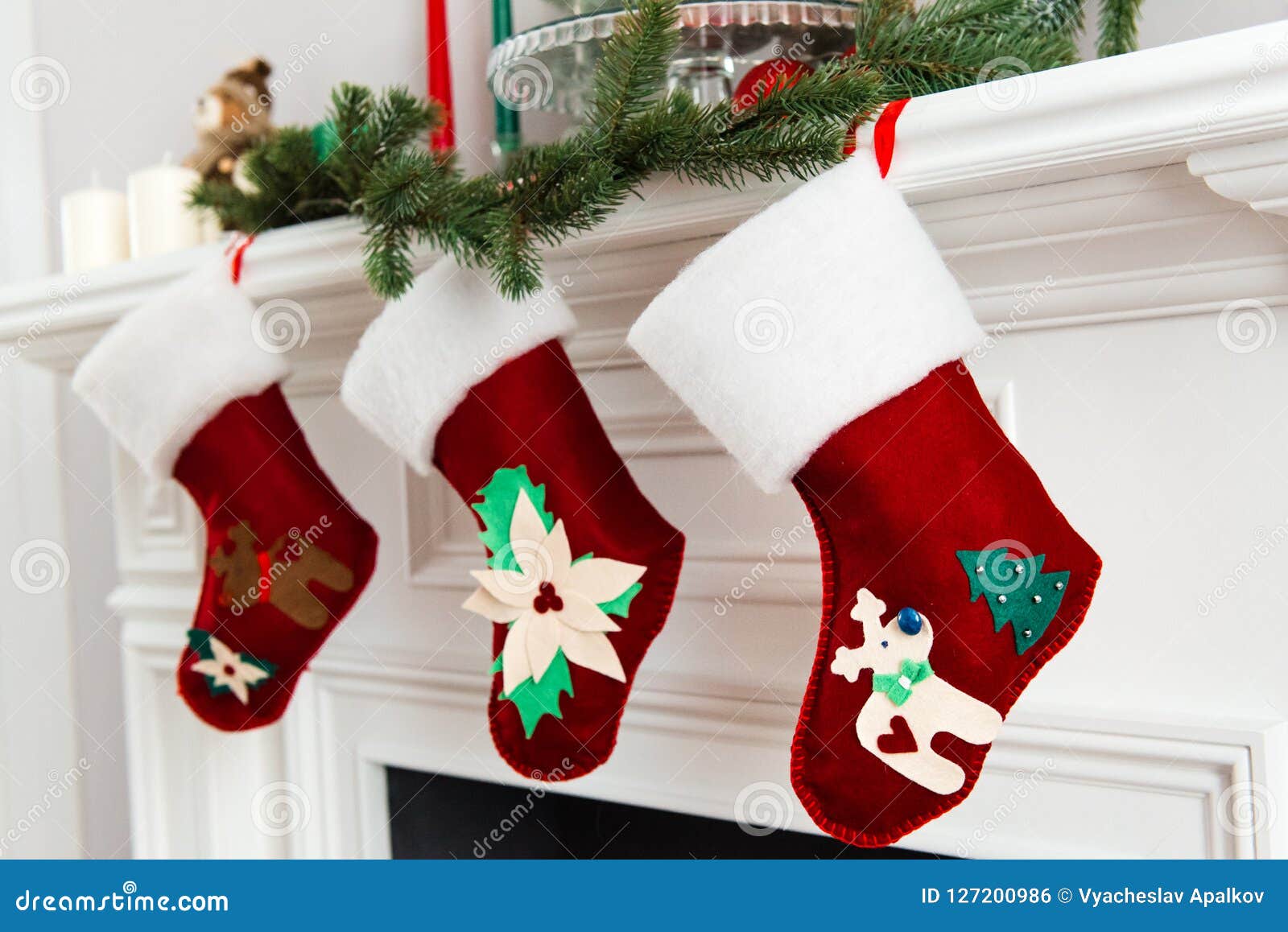 Decorated Bright Red Christmas Socks Hanging Stock Photo - Image of ...