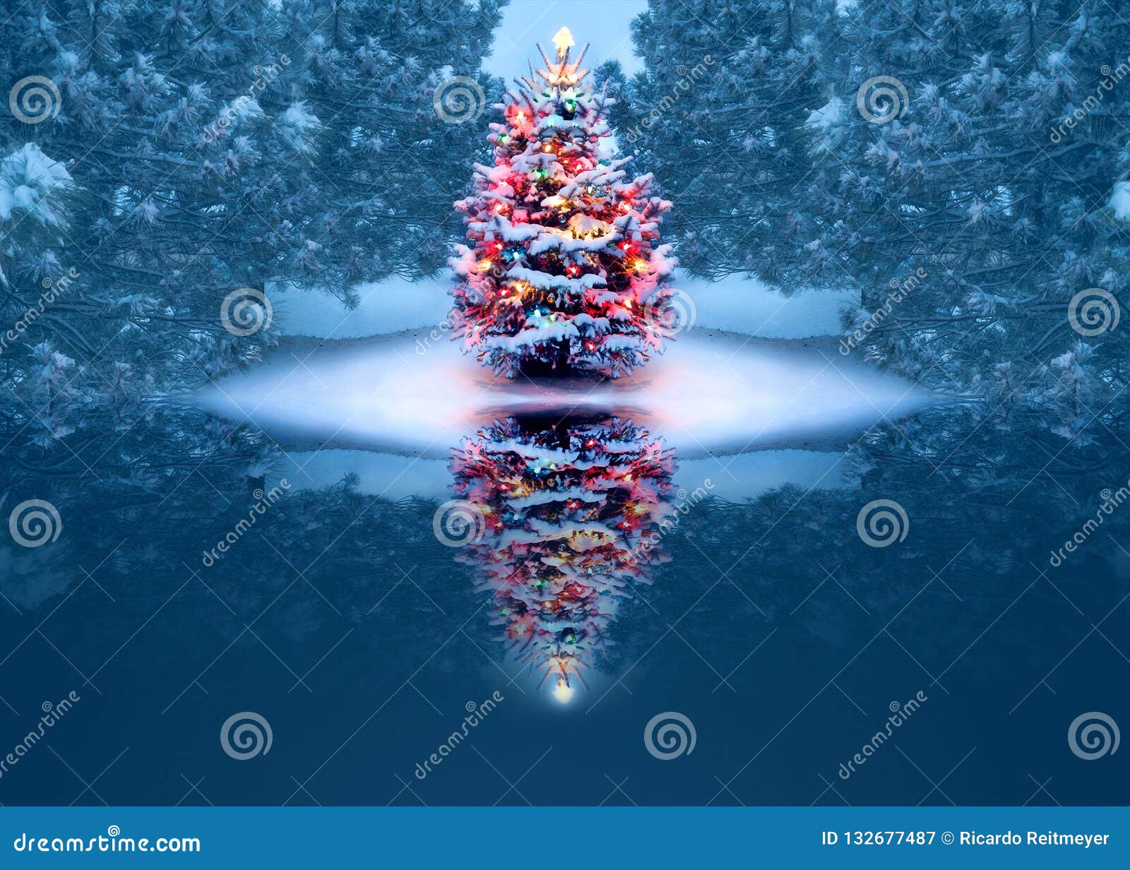 beautifully decorated christmas tree reflects magically in frozen lake
