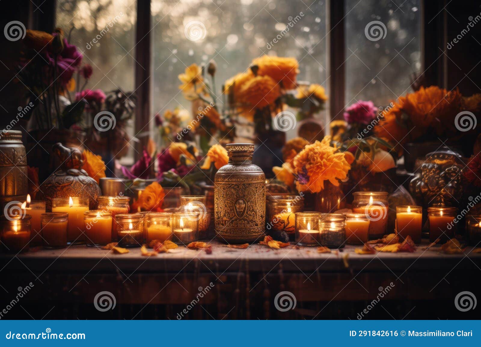 a beautifully decorated ofrenda adorned with marigold flowers, sugar skulls, candles, and incense. the ofrenda would be the