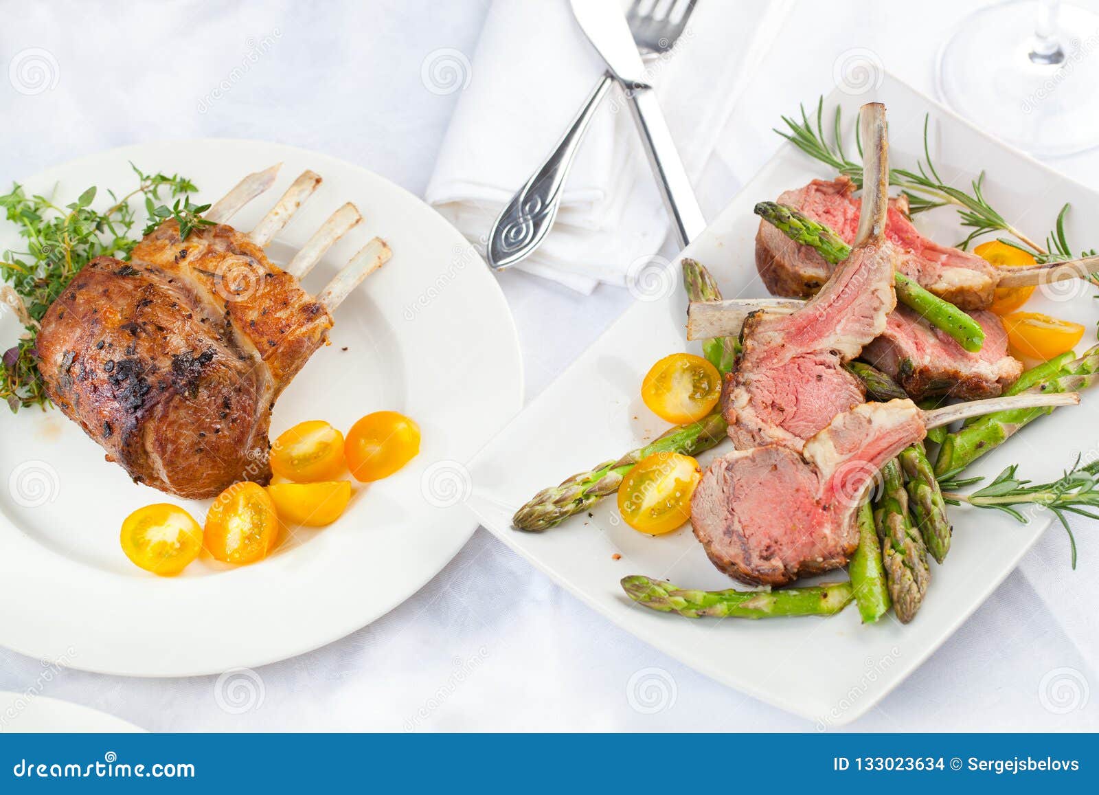 Beautifully Grilled Lamb Rib Chop Steaks, Medium Rare . Stock Photo