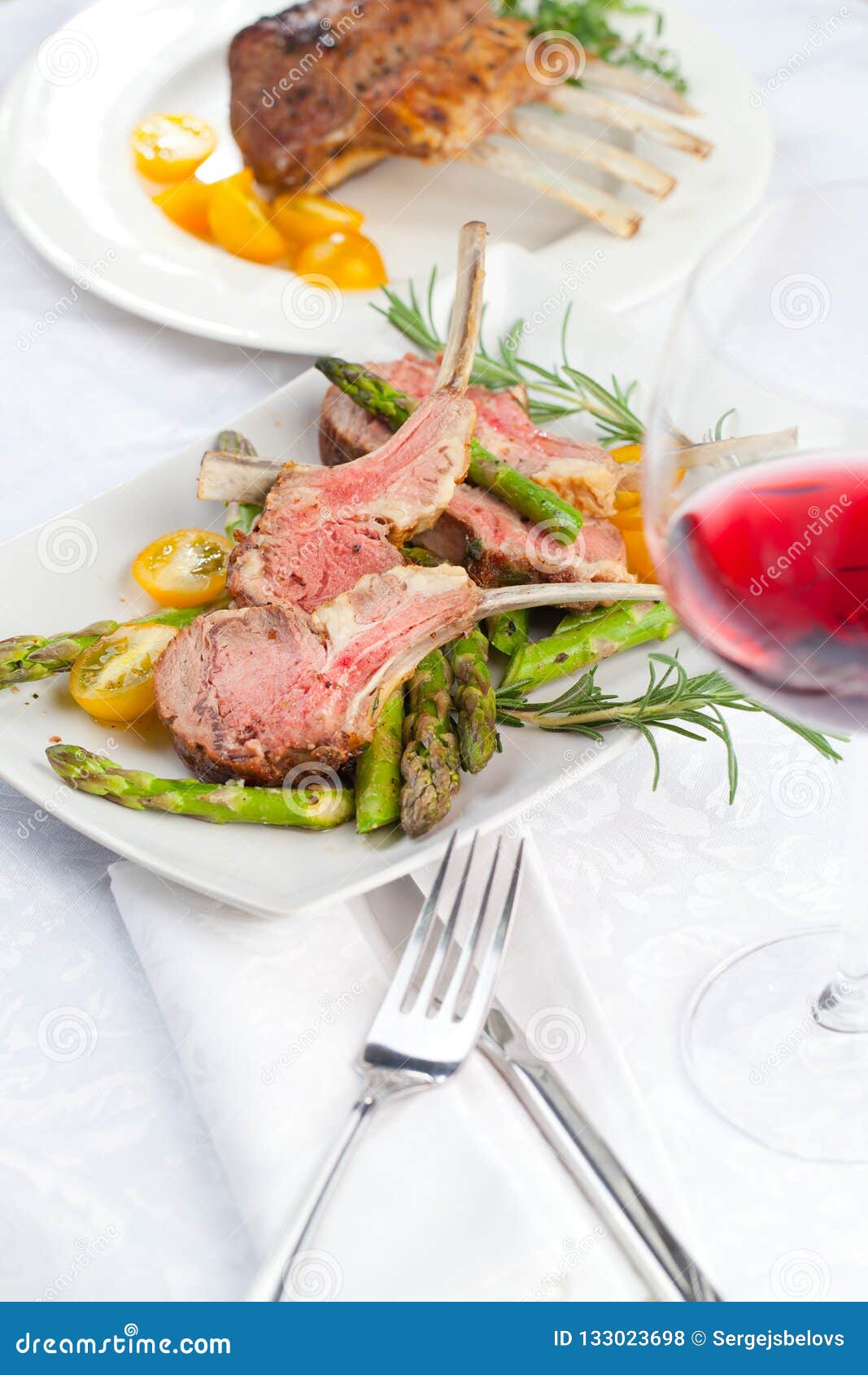 Beautifully Grilled Lamb Rib Chop Steaks, Medium Rare . Stock Photo
