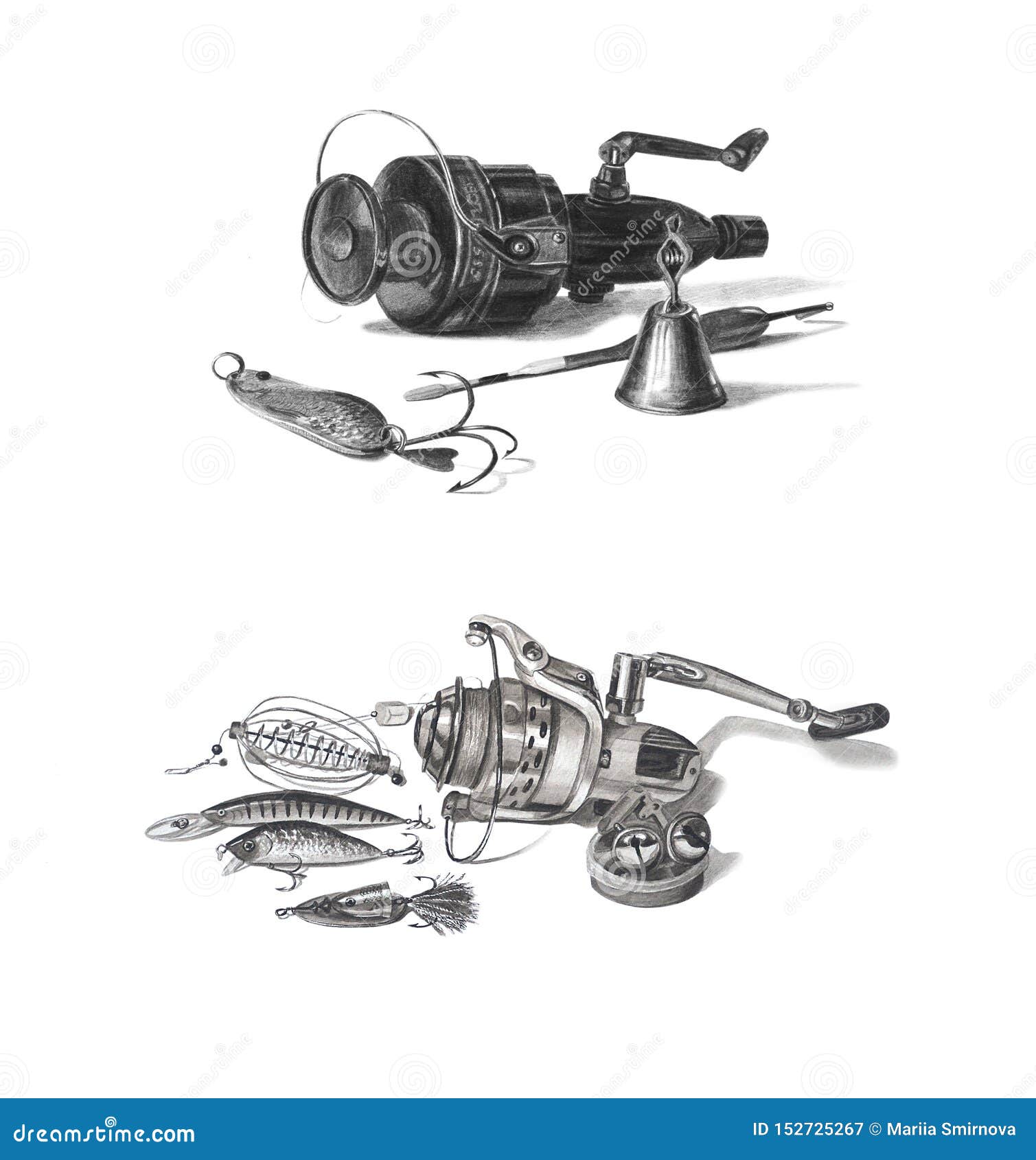 Beautifully Hand-drawn Fishing Gear Isolated on White. Fishing Reel, Bell,  Floats, Hooks, Bait. Stock Image - Image of black, tackle: 152725267