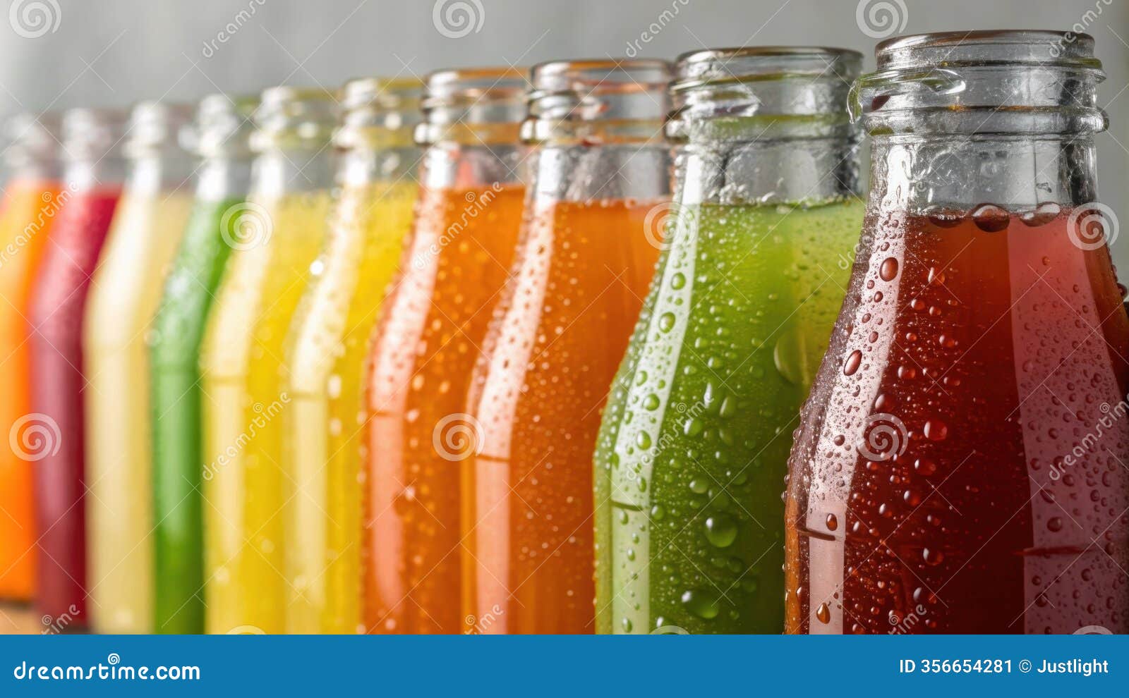 a beautifully orchestrated gradient of juice bottles where each one glows with its distinct fresh color. the closeup
