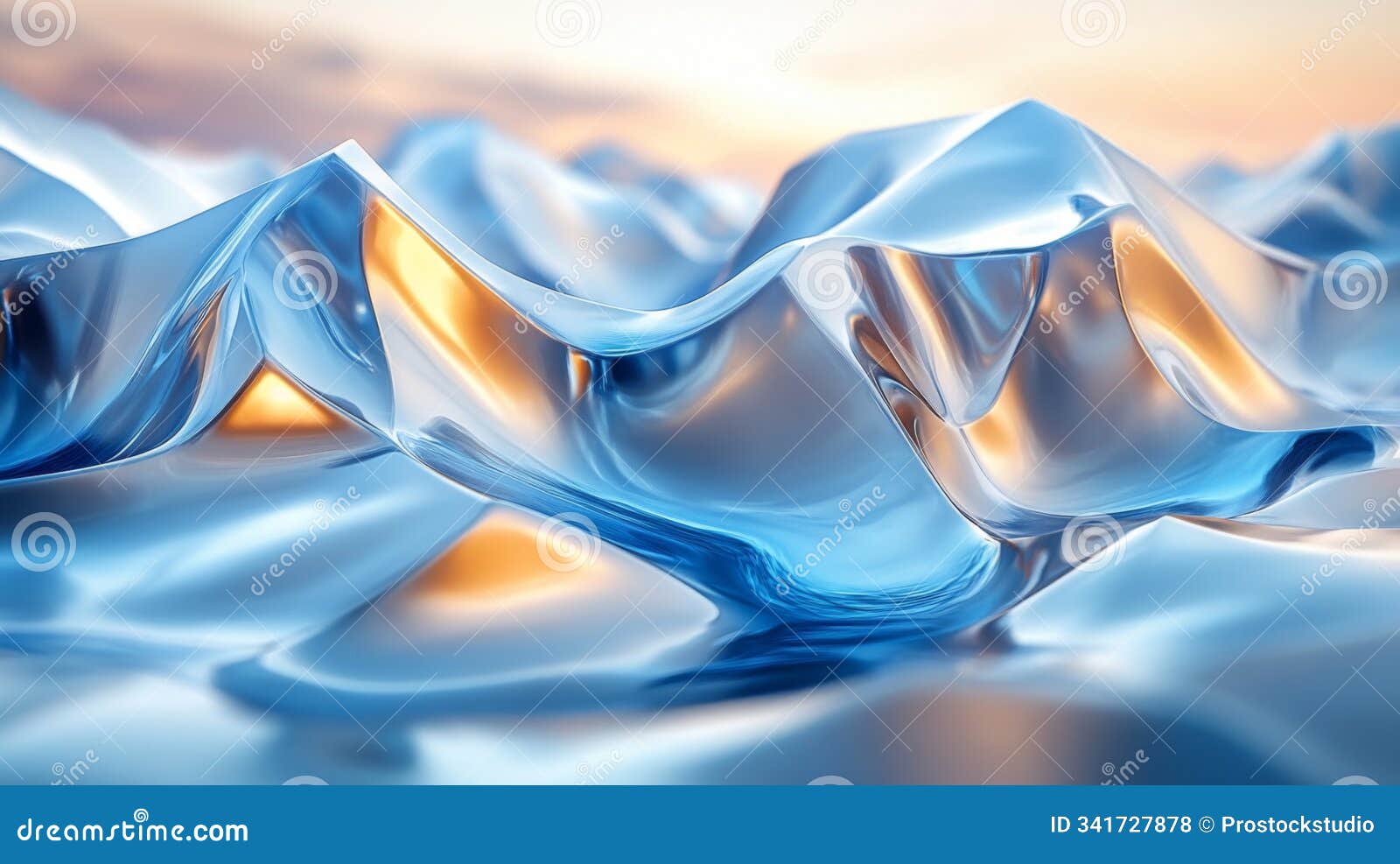 beautifully textured blue ice formations reflecting golden sunlight on a serene surface during a calm sunset. generative