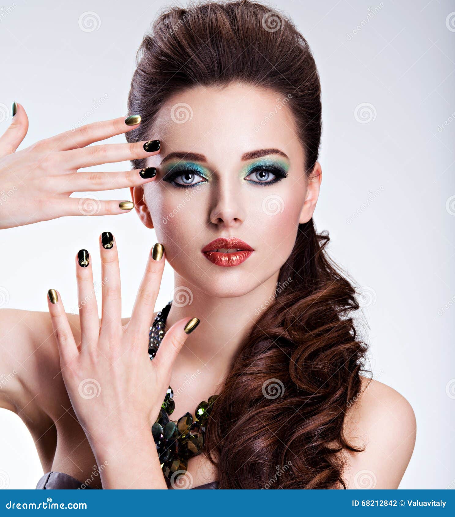 Beautiul Woman with Green Make-up. Creative Color of Nails Stock Photo ...