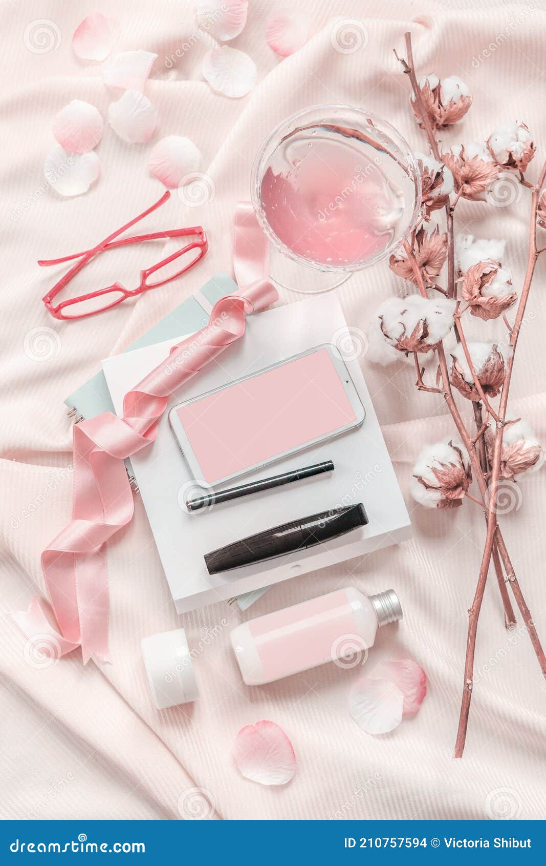 Beauty Aesthetic Lifestyle Flat Lay with Cosmetic and Make Up Products,  Smartphone with Blank Screen, Cotton Branches, Eyeglasses Stock Photo -  Image of blank, screen: 210757594