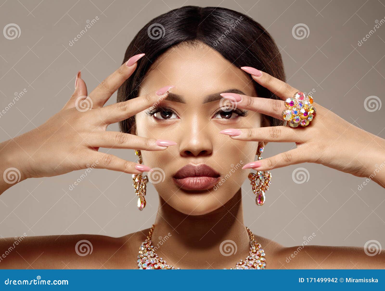 beauty black skin woman african ethnic female face. luxury young african american model with jewelry, earrings and ring
