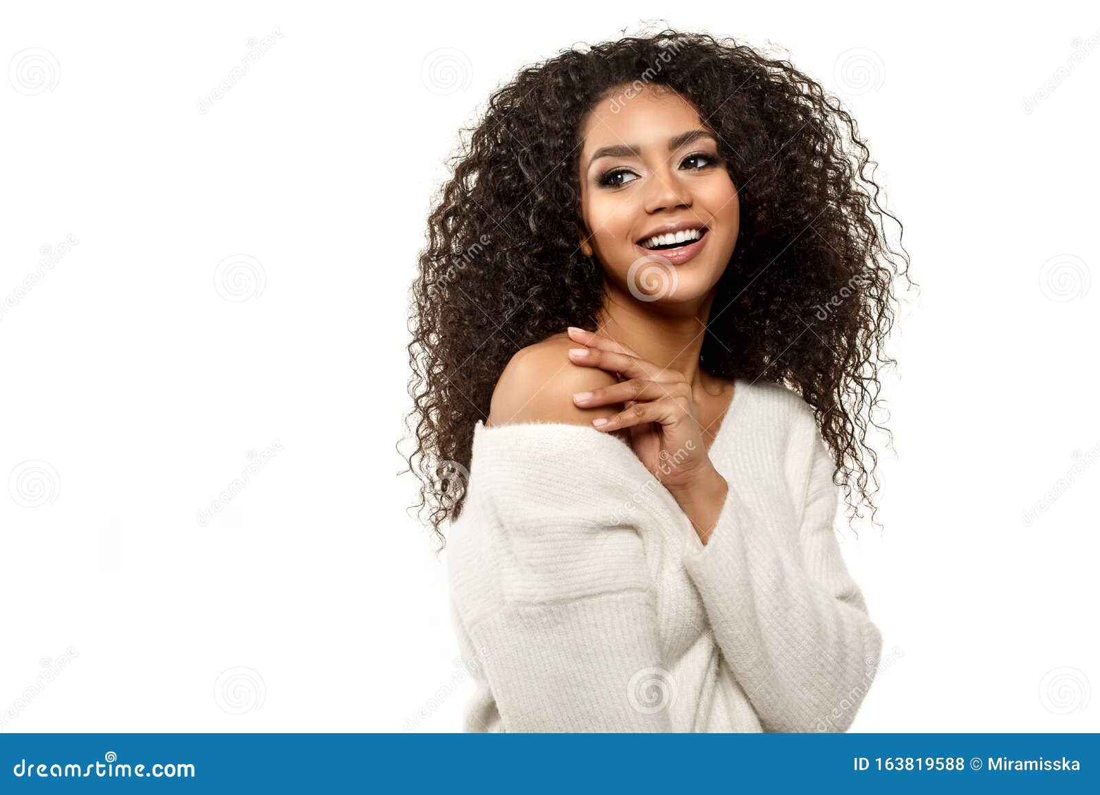 beauty black skin woman african ethnic female face. young african american model with long afro hair.smiling model  on