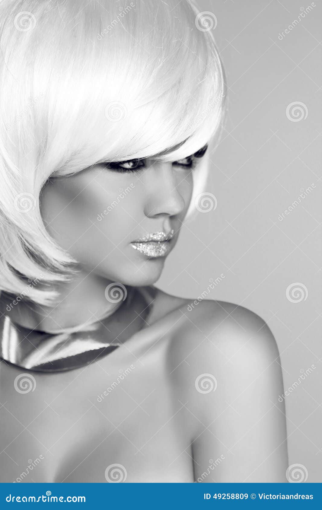 Beauty Blond Girl with White Short Hair Styling. Fashion Portrait of  Attractive Young Woman. Grey Colors. Studio Photo Stock Image - Image of  grey, eyes: 49258809