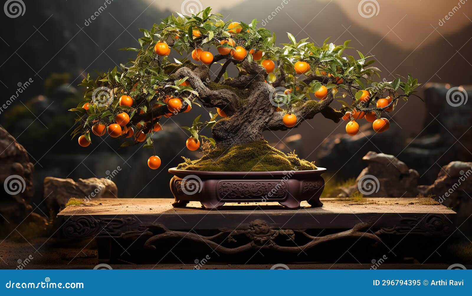 the beauty of a bonsai orange tree, its diminutive oranges adorned with dew drops