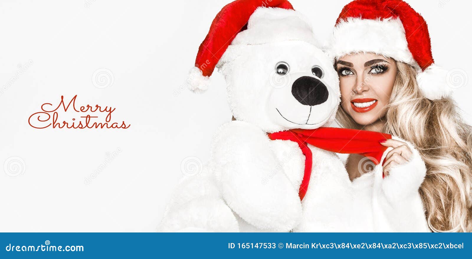 Beauty Christmas Fashion Model Girl With White Teddy Bear Long Straight Blonde Hair In Red