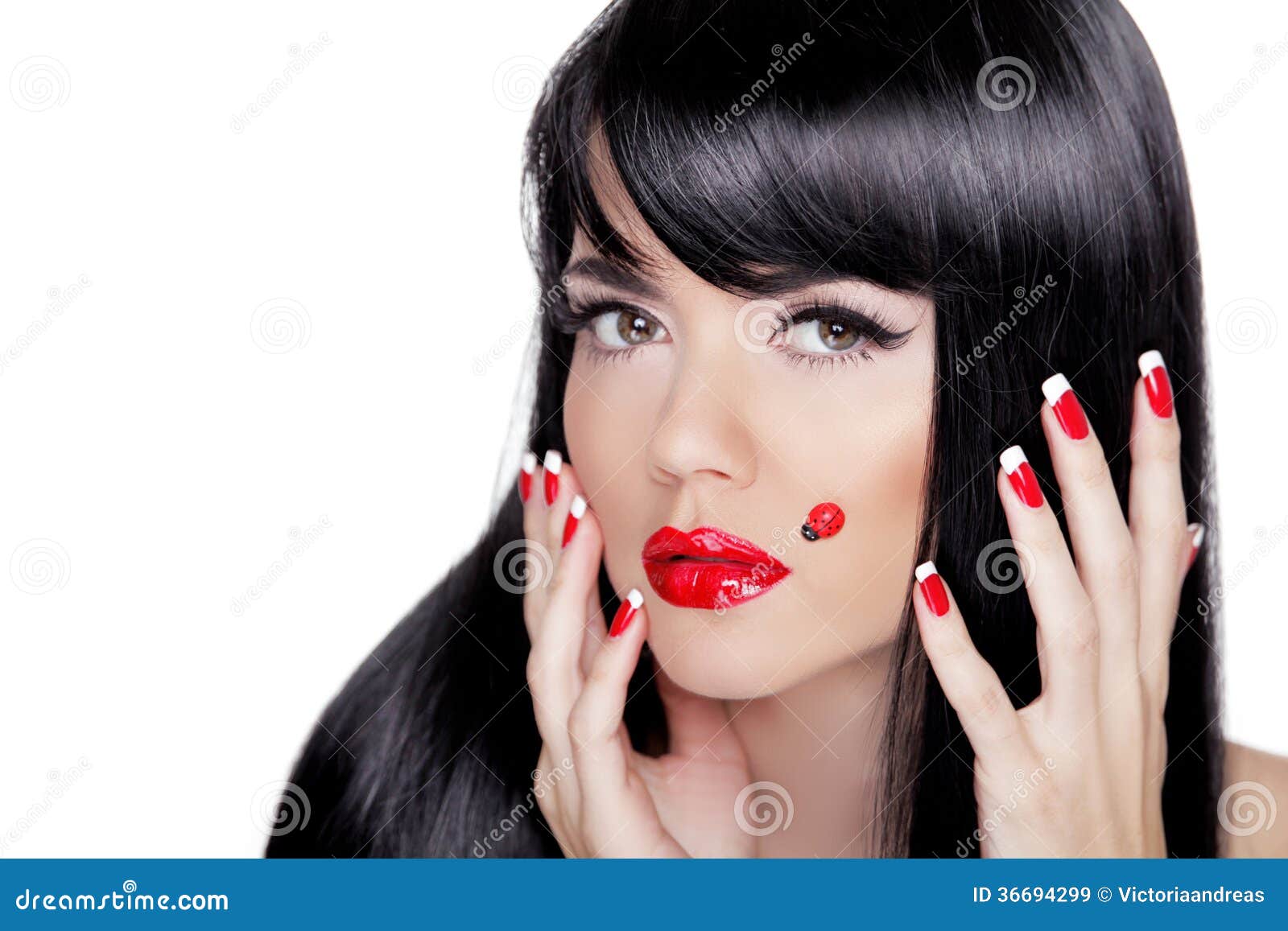 Beauty Closeup Portrait Of Brunette Girl With Professional Makeup Red Lips Polish Manicure 