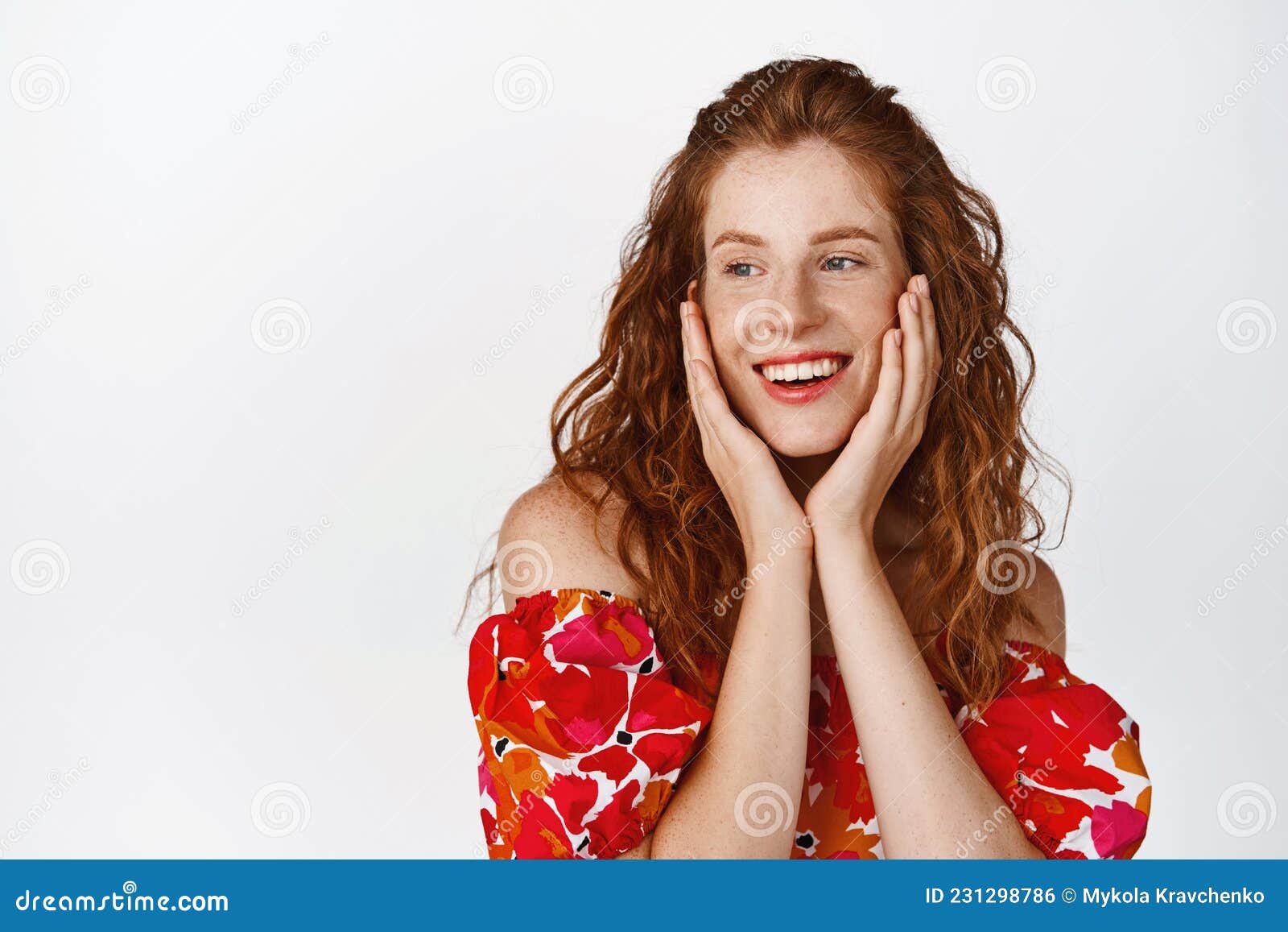 Beauty Cute Smiling Redhead Woman In Summer Floral Dress Gazing Flirty Aside And Grinning 