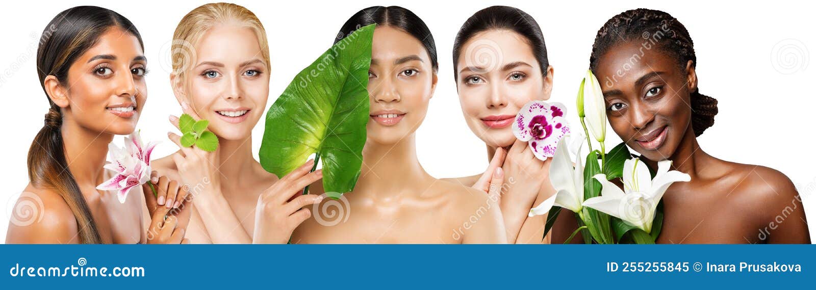 beauty diversity faces. multi ethnic women caucasian, african, indian and asian with flowers. woman with different skin types