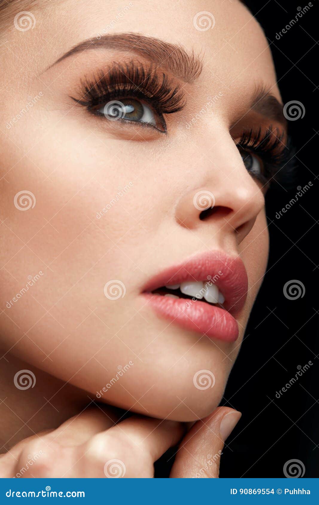 Beauty Face Woman With Makeup Soft Skin And Long Eyelashes Stock
