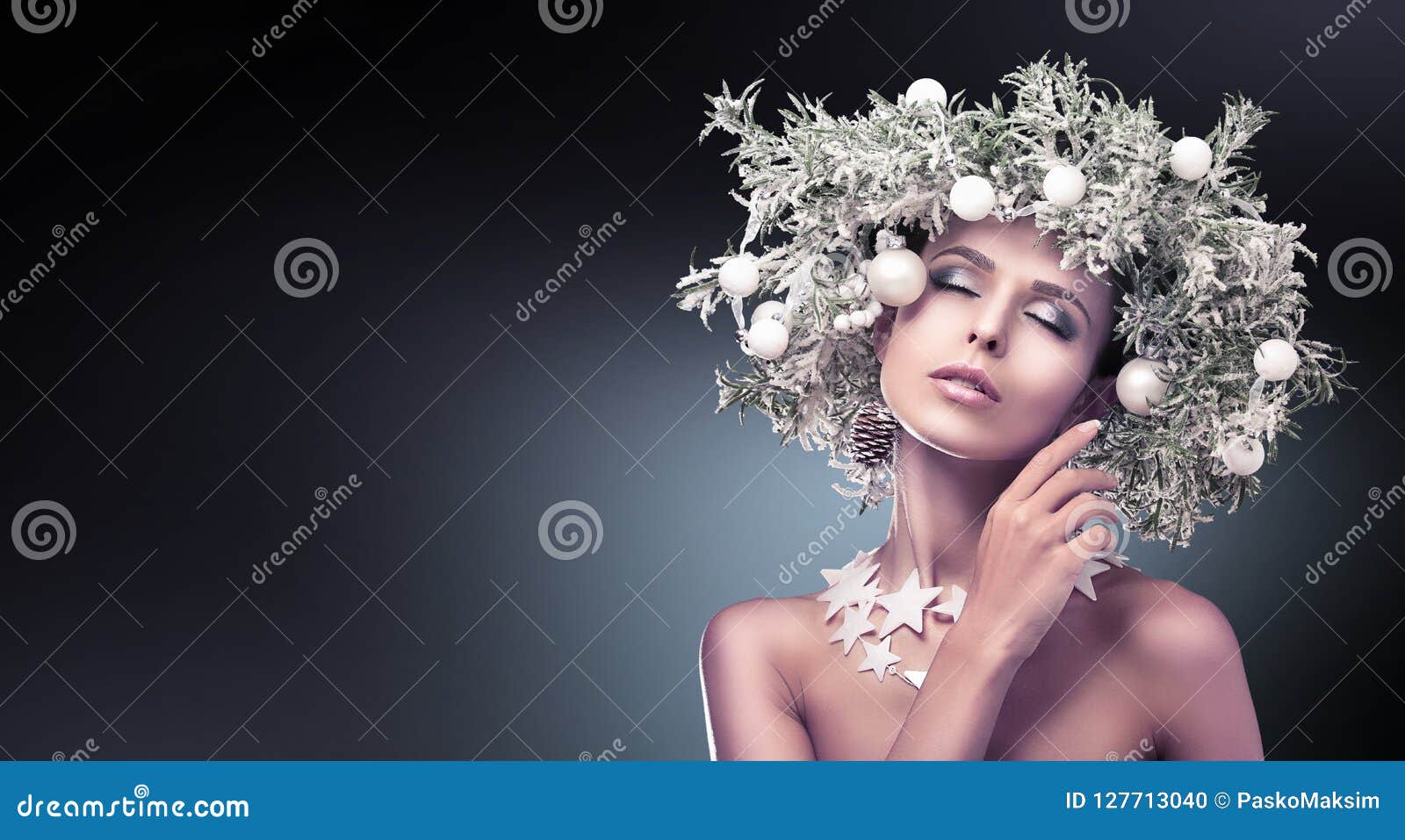 Beauty Fashion Model Girl With Fir Branches Decoration ...