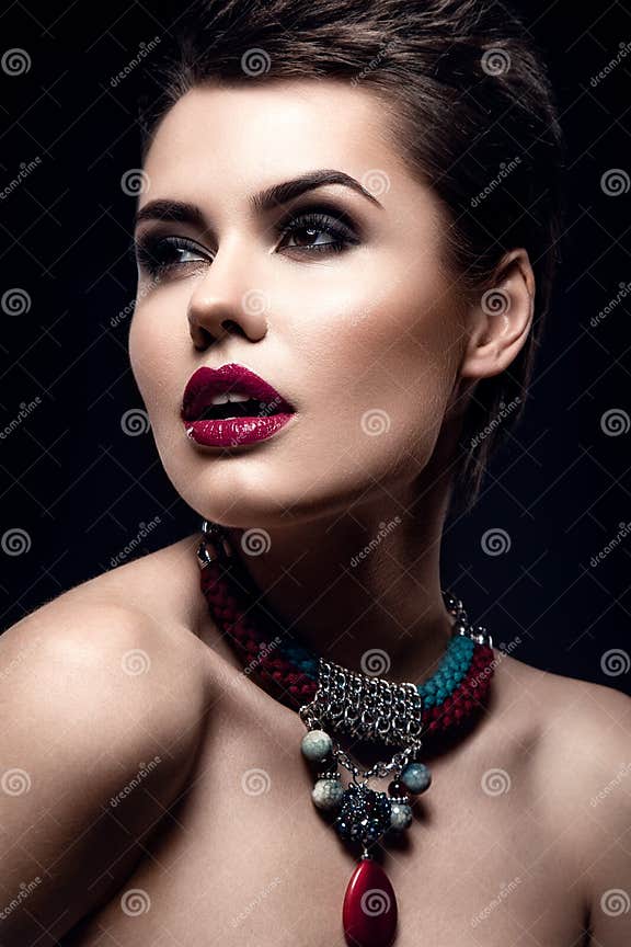 Beauty Fashion Model Girl With Short Hair Brunette Model Portrait Short Haircut Woman Makeup