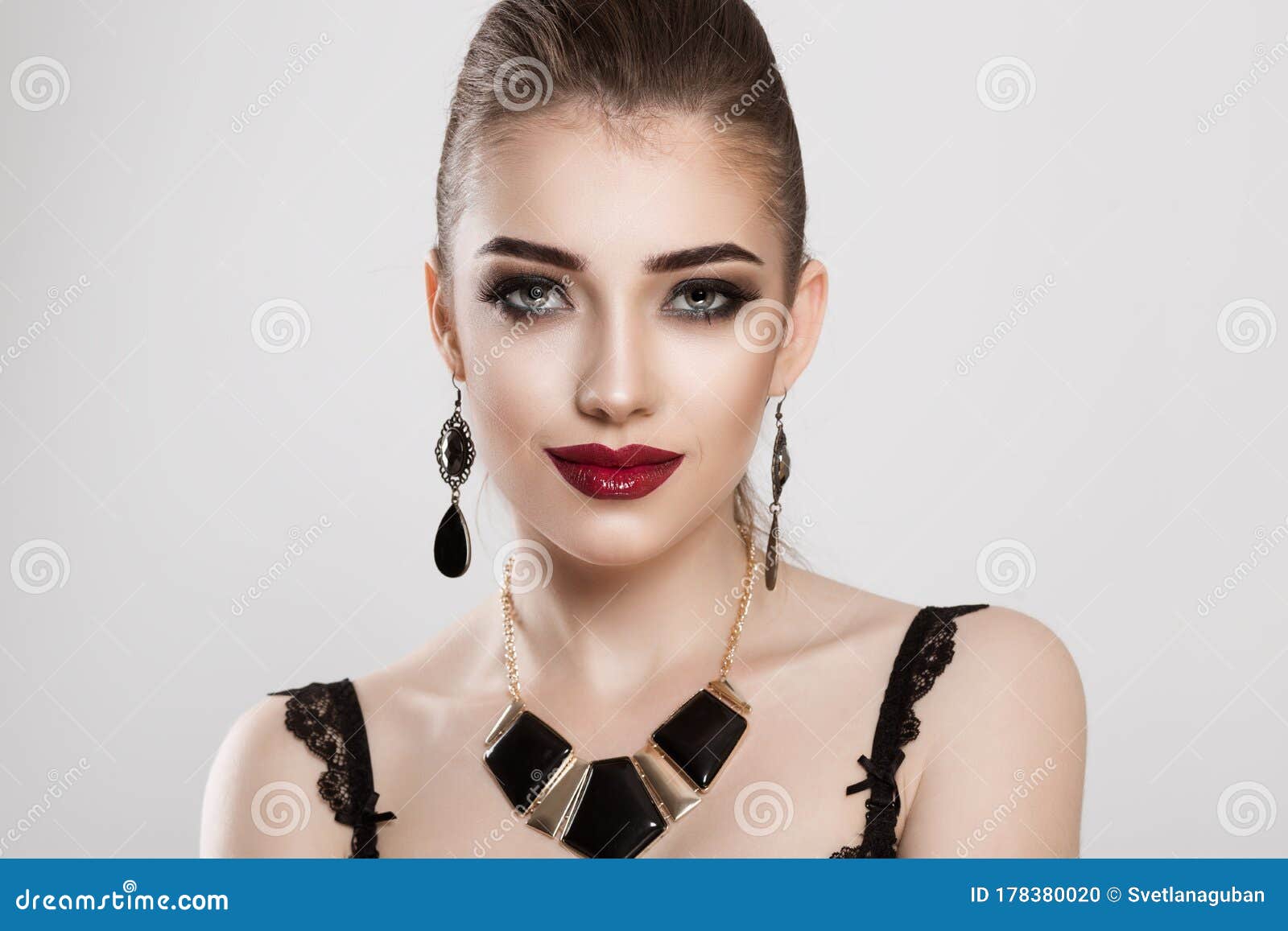 Beauty Fashion Model Girl with Smokey Eyes Makeup Burgundy Red Lips ...