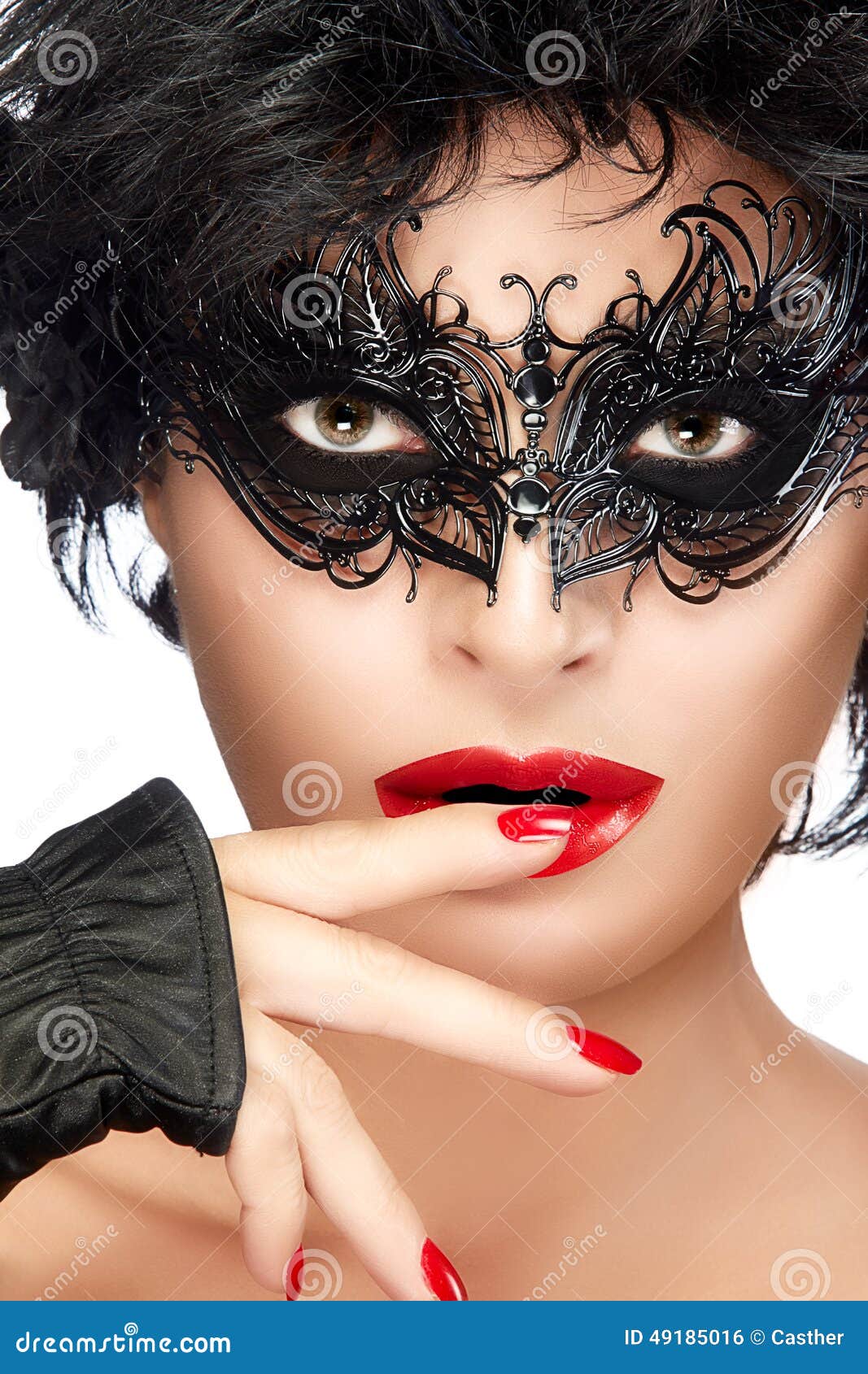 Beauty Fashion Model Woman Face In Black Masquerade Eye Makeup Stock