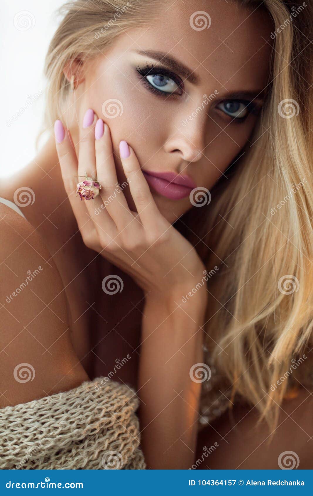 Beauty Fashion Model Woman Face Portrait With Pink Rose Flower