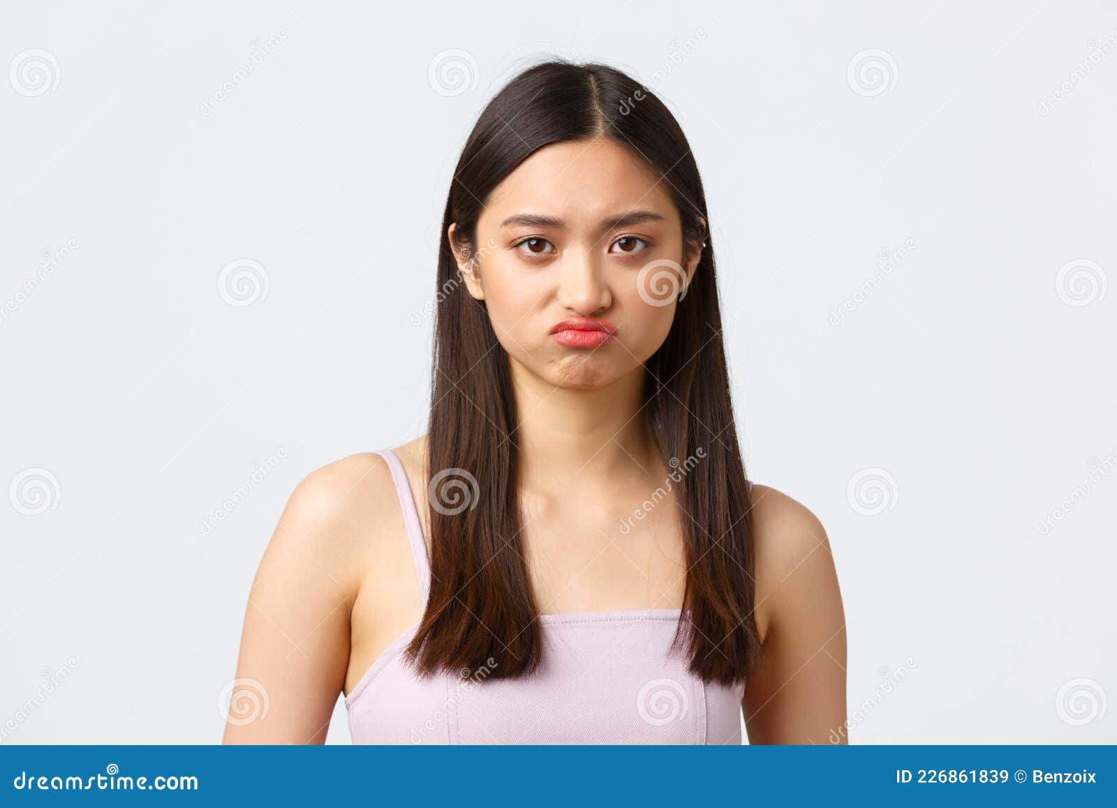 Beauty Fashion And People Emotions Concept Close Up Portrait Of Pouting Upset Cute Asian Girl