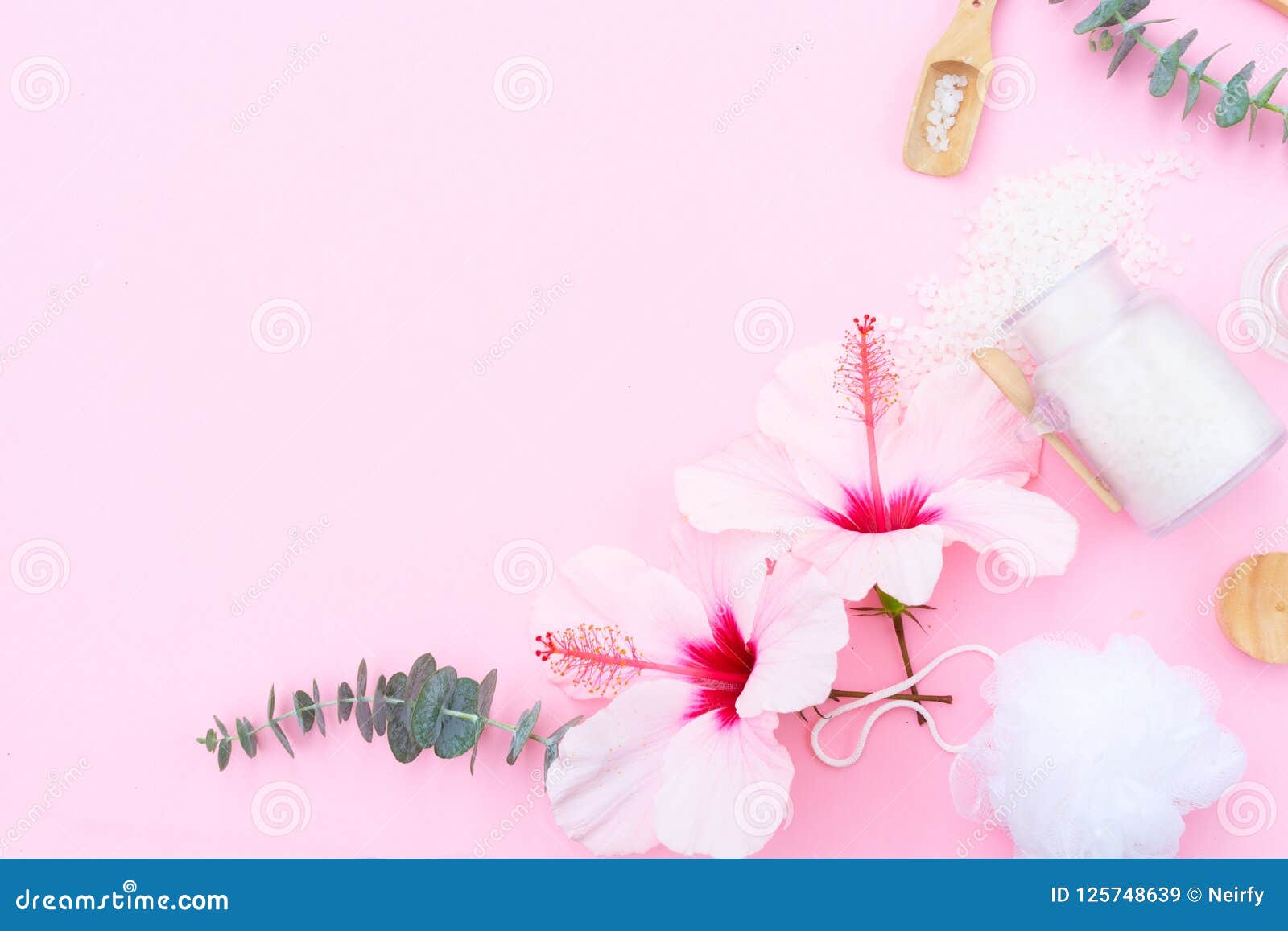 Beauty Background with a Natural Soap, Cream, Towels and Hibiscus Flowers  Stock Image - Image of pink, concept: 125748639
