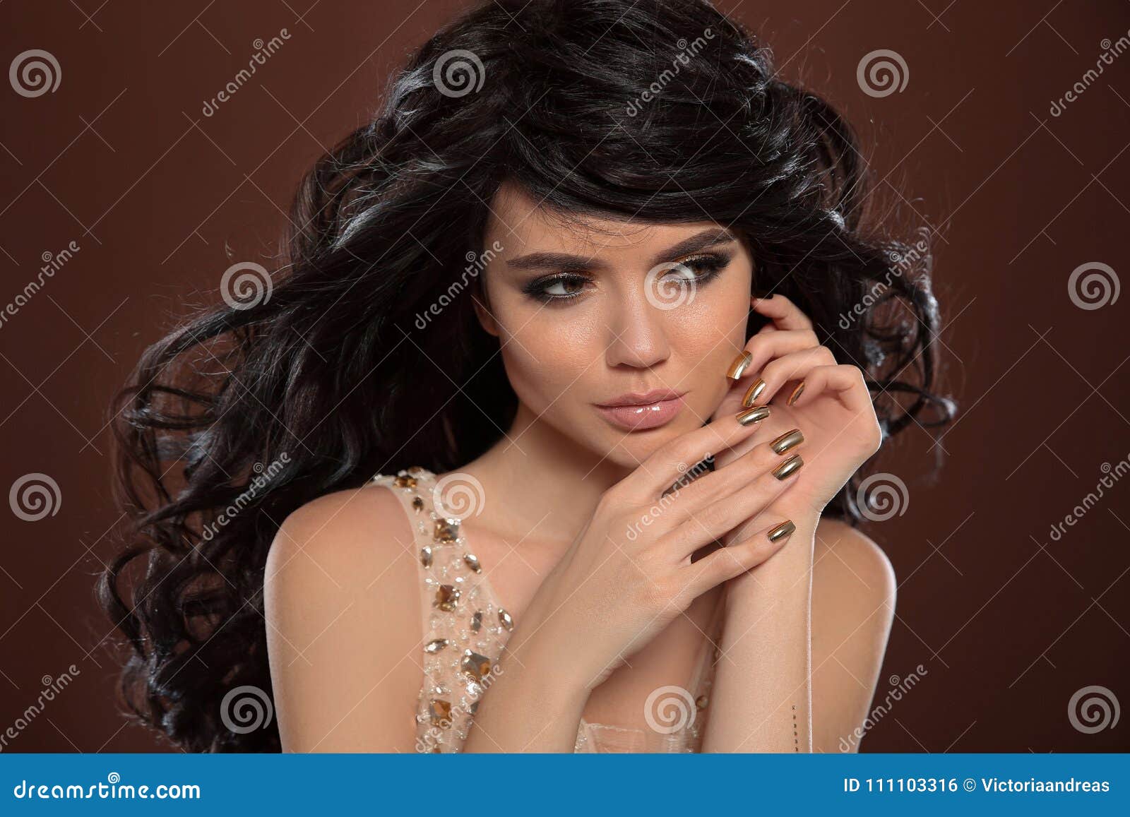 Beauty Hair And Golden Manicure Nails Beautiful Brunette Model Stock 