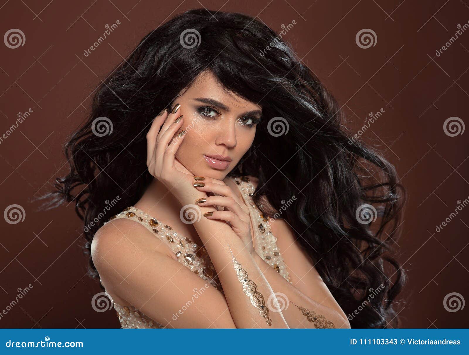 Beauty Hair And Golden Manicure Nails Beautiful Brunette Model Stock Image Image Of Elegant 