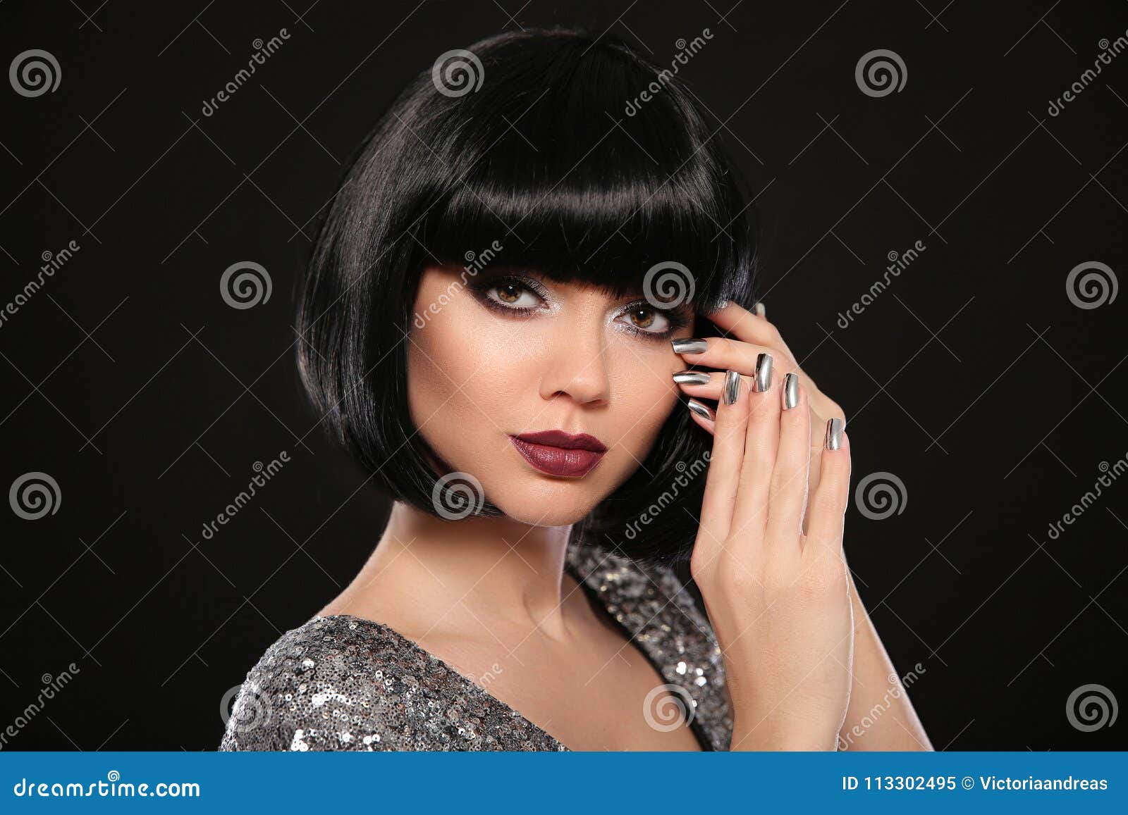 Beauty Makeup Silver Manicured Polish Nails Bob Hairstyle Fashion