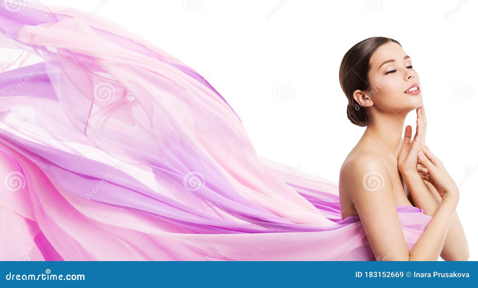 beauty makeup skin care, woman touching face, young girl in pink waving cloth fluttering wind on white