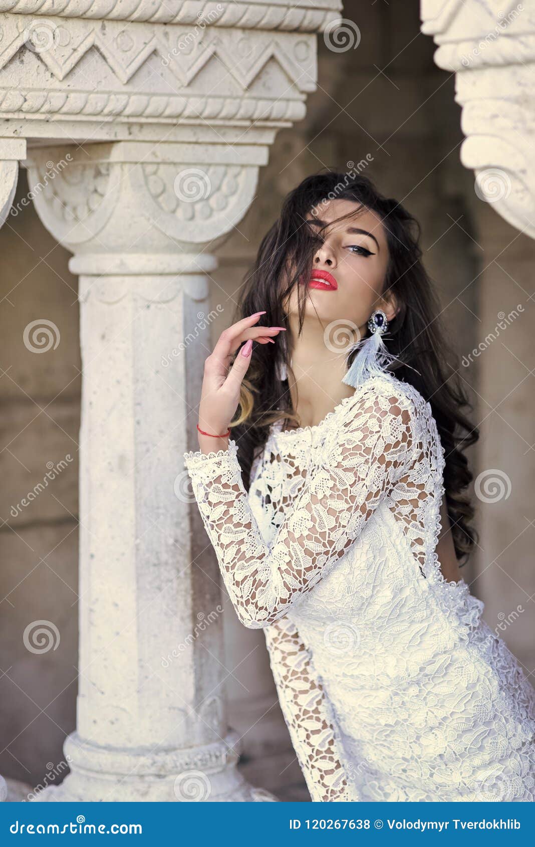 Beauty Model . Bride with Makeup Face, Look. Sensual Woman Pose at Column.  Woman with Long Brunette Hair. Fashion Girl Stock Photo - Image of bride,  hair: 120267638
