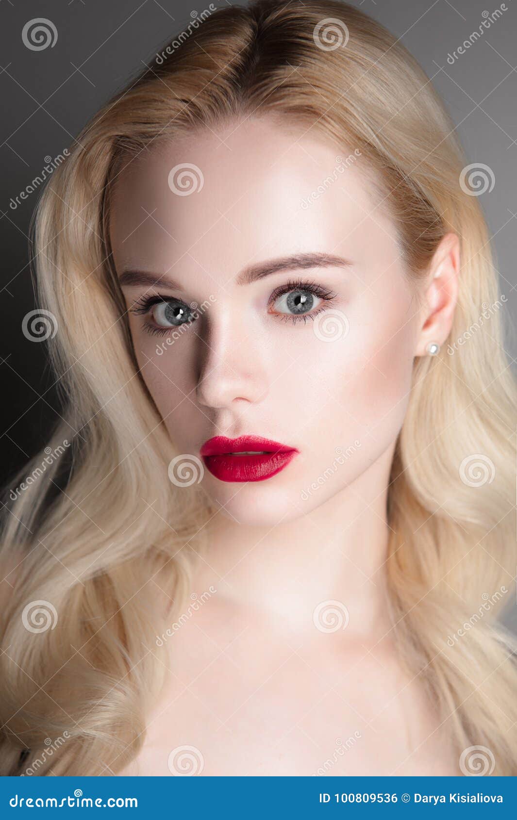 Beauty Model Girl with Perfect Make-up Red Lips and Blue Eyes Looking ...