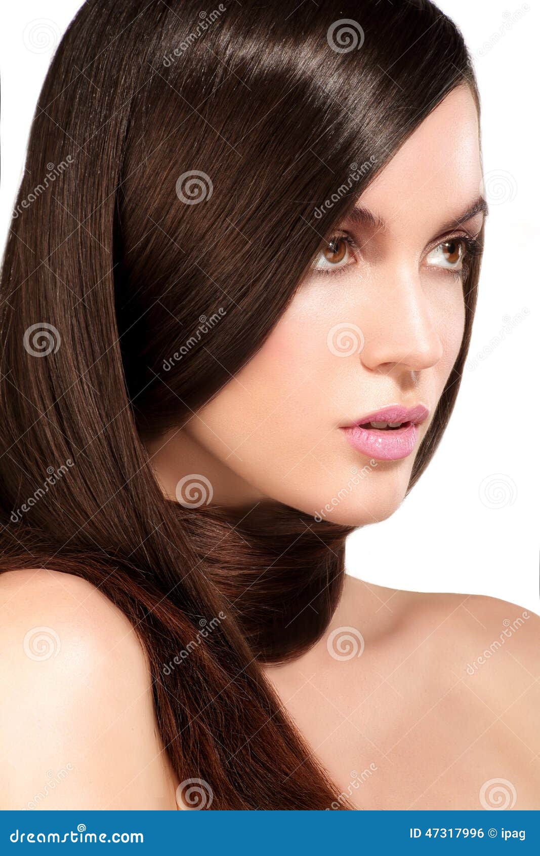 Beauty Model Showing Perfect Skin and Long Healthy Brown Hair Stock ...