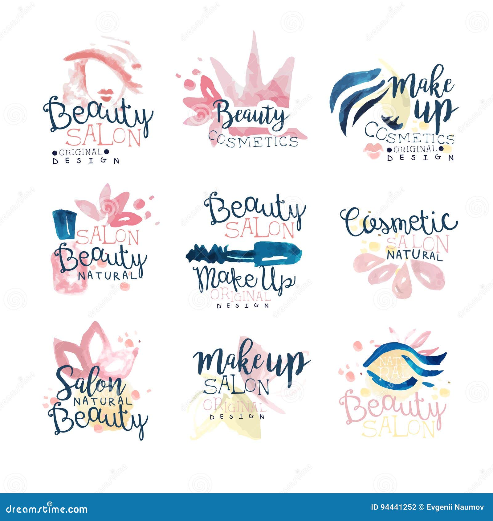 Beauty Natural Salon Logo Design, Set of Colorful Hand Drawn Watercolor ...