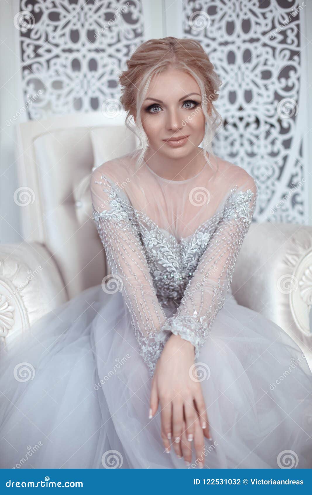 Beauty Portrait of Bride Wearing Fashion Wedding Dress. Elegant Stock Photo  - Image of armchair, blue: 122531032