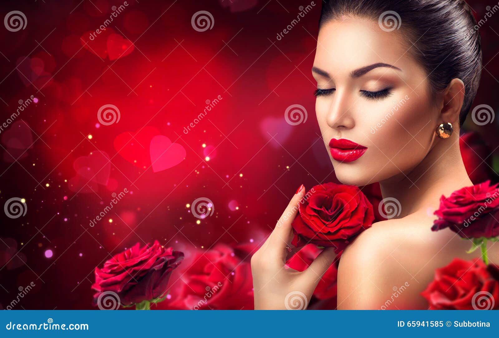 beauty romantic woman with red rose flowers