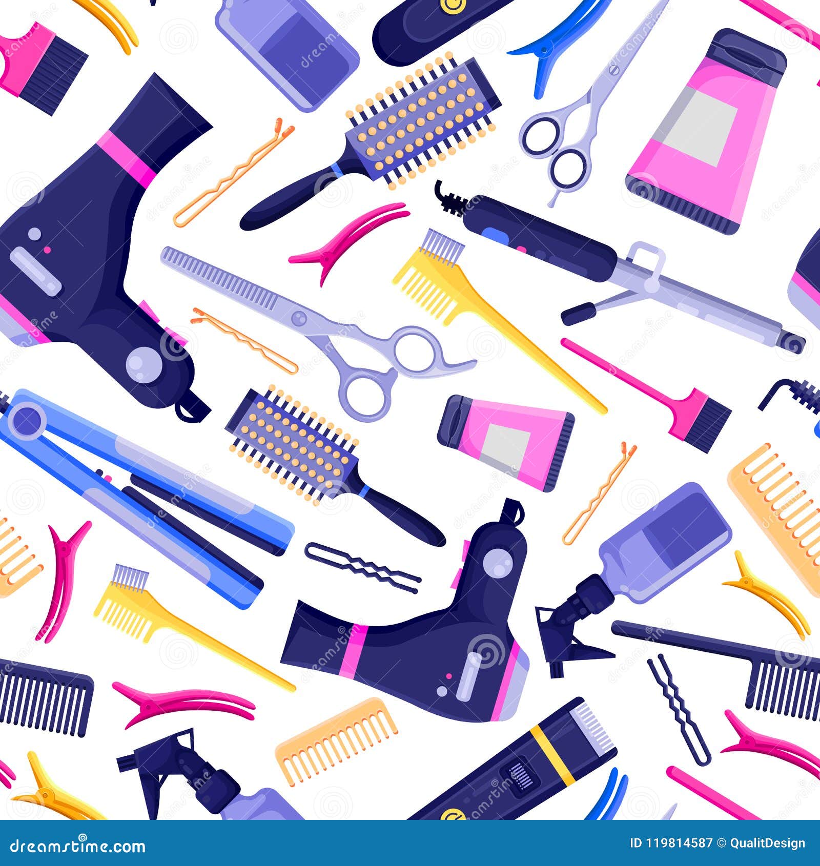 beauty salon  seamless pattern. colorful hair hairdresser tools and equipment.