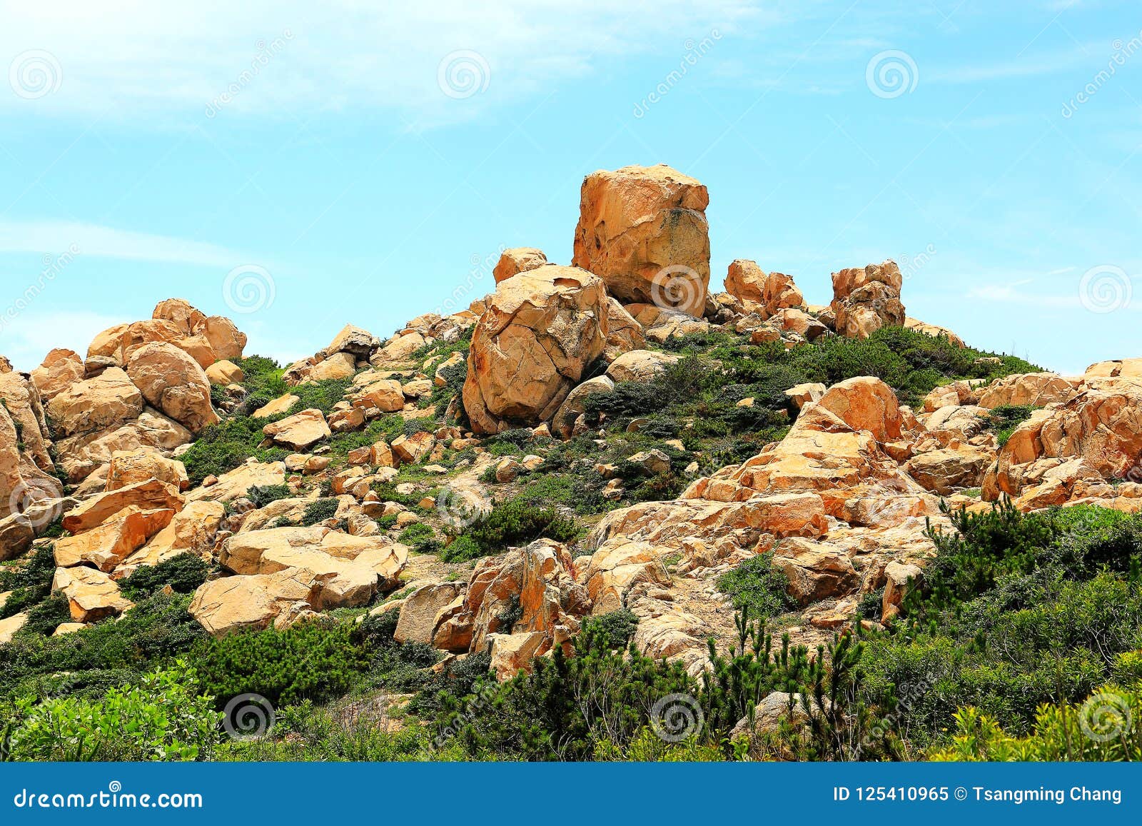 the beauty scenery of rocky shore and mountains on meizhou island