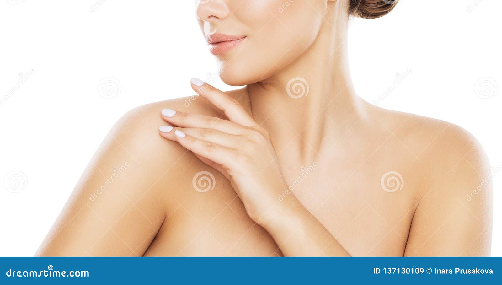 beauty shoulder skin care, woman applying moisturizer by hands, white