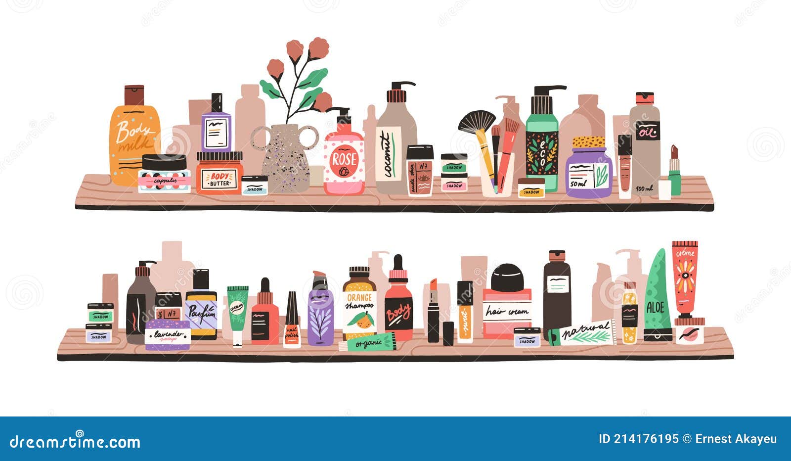 beauty and skincare cosmetic products, decorative cosmetics, makeup items, perfumery and toiletries in bottles and tubes