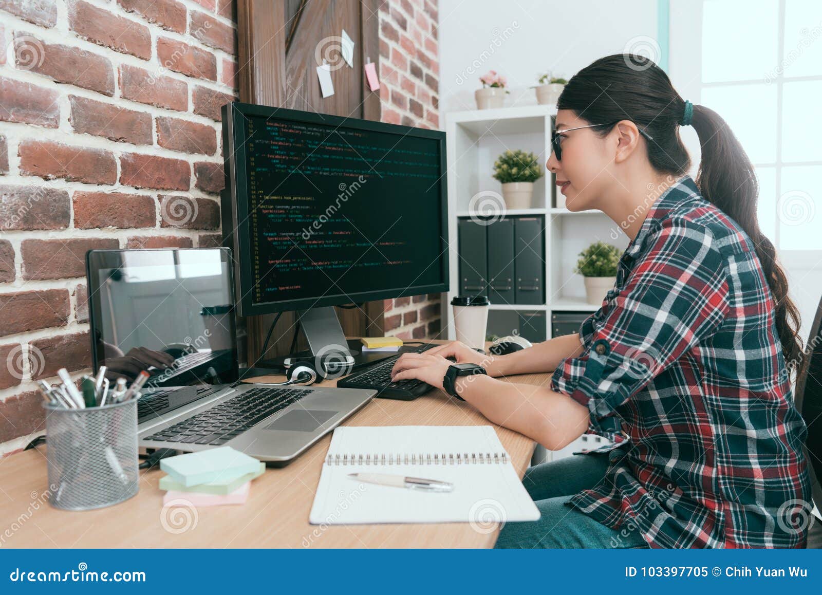 beauty smiling female programmer using computer