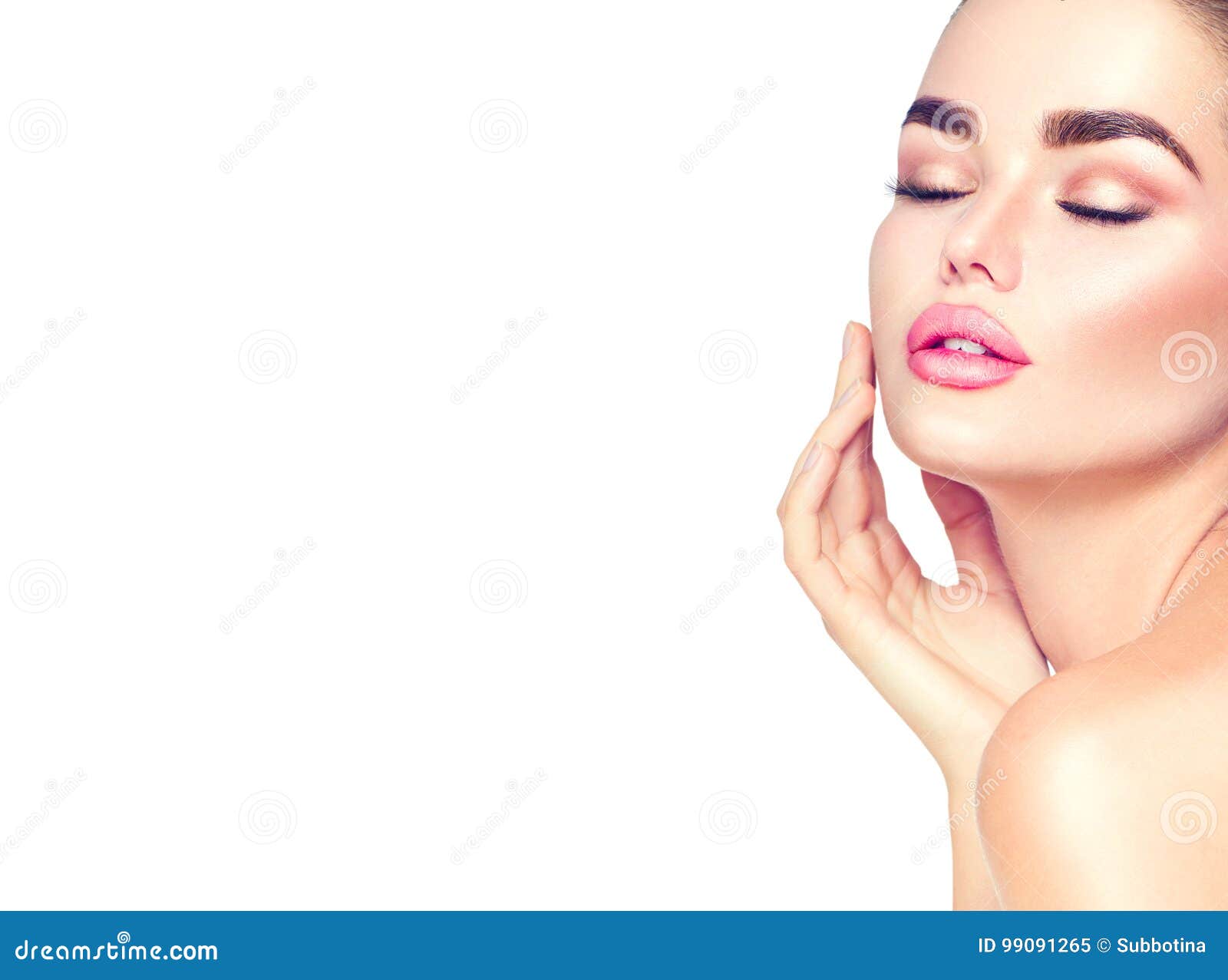 beauty spa brunette woman touching her face. skincare