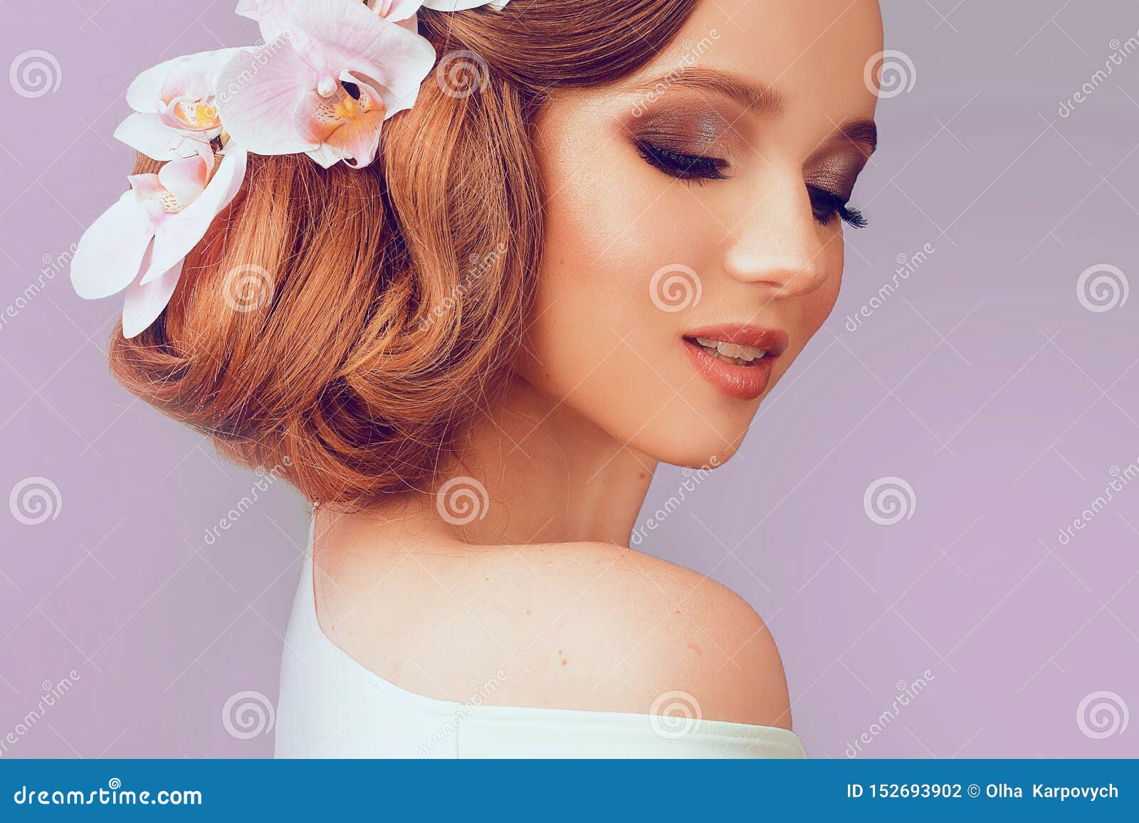 Beauty Summer Model Girl with Colorful Flowers Hair Style. Beautiful Lady  with Blooming Flowers on Her Head Stock Photo - Image of head, curly:  152693902