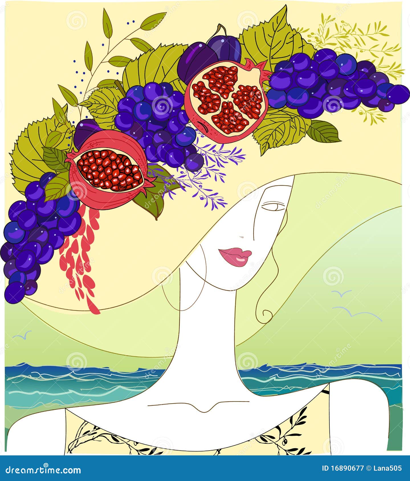 Beauty wearing a Fruit Hat stock illustration. Illustration of beauty