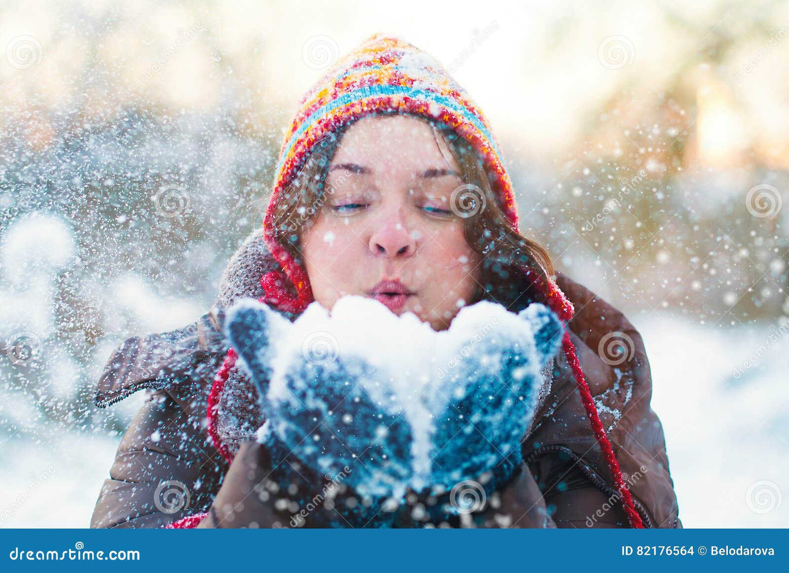 Beauty Winter Girl Blowing Snow in Frosty Park Stock Photo - Image of ...