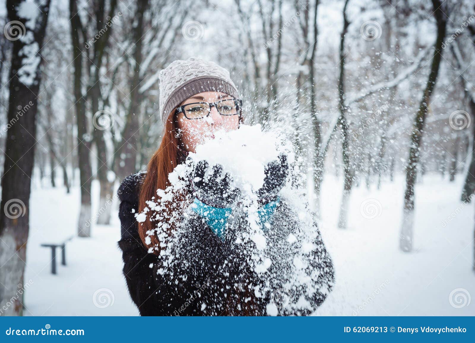 Beauty Winter Girl Blowing Snow in Frosty Winter Park Stock Image ...