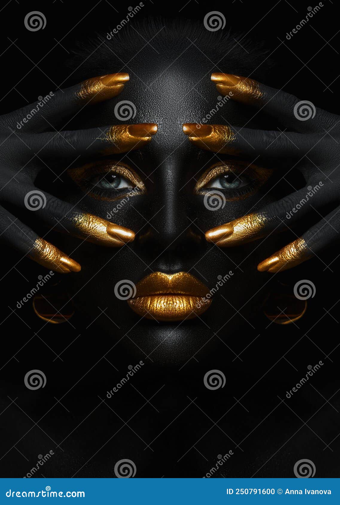 Beauty Woman Black Skin Color Body Art Gold Makeup Lips Eyelids Fingertips Nails In Gold Color