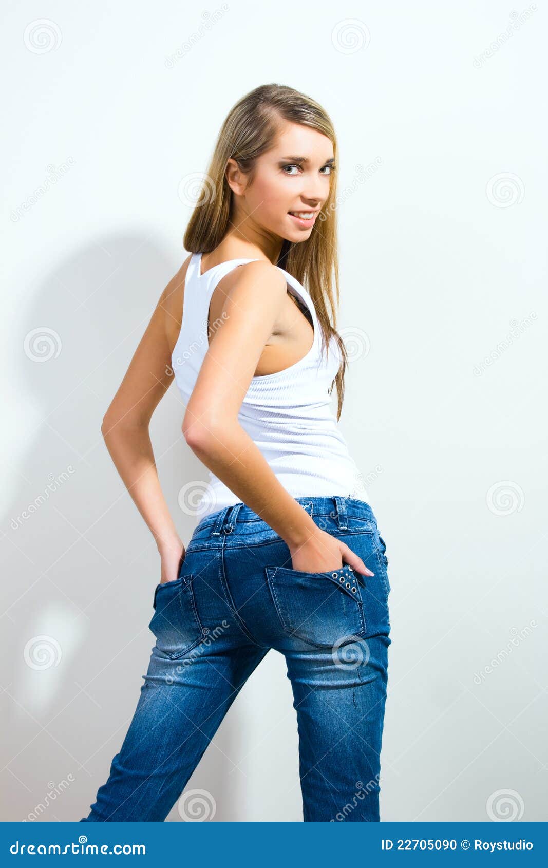 Beauty Woman In Blue Jeans Fashion Model Stock Photo Image Of Happiness Beautiful