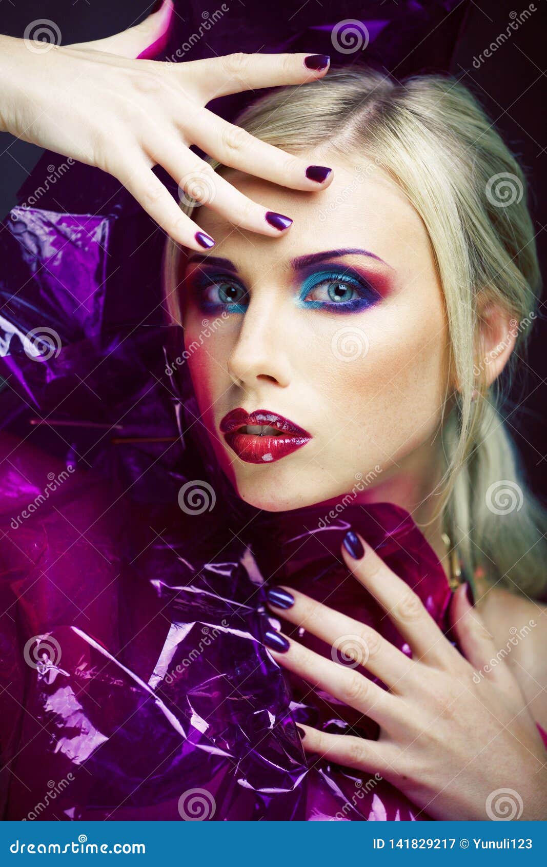 Beauty Woman with Creative Make Up, Many Fingers on Face Close Up Stock ...